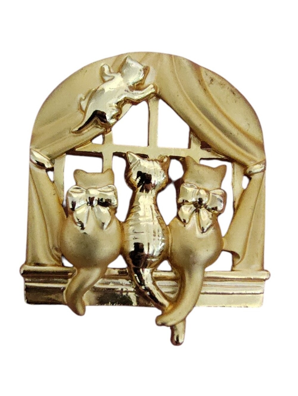 Vintage AJC Gold Tone "Cats in the Window" Whimsical Brooch Pin